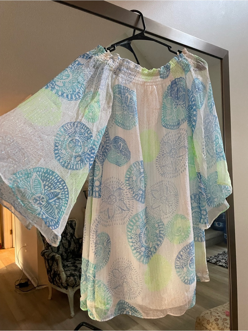 Lilly Pulitzer White Off-Shoulder Tunic with Blue & Lime Medallions